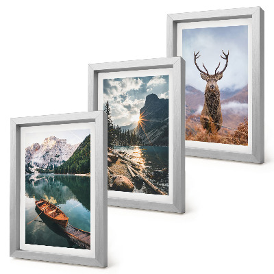Juego de 3 cuadros decorativos Lago de montaña, barco, puesta de sol, ciervos en la naturaleza