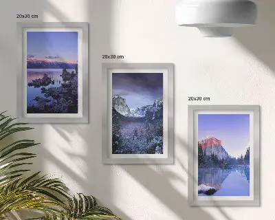Juego de 3 cuadros decorativos paisajes de montaña al atardecer con vistas al agua