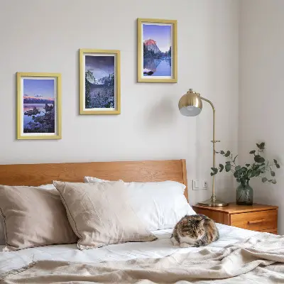 Juego de 3 cuadros decorativos paisajes de montaña al atardecer con vistas al agua