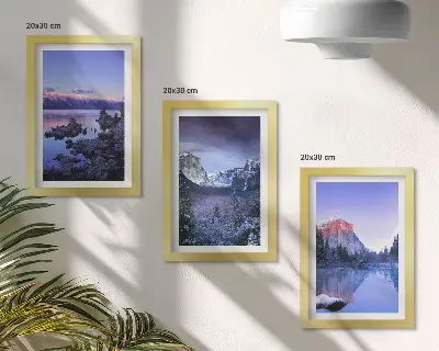 Juego de 3 cuadros decorativos paisajes de montaña al atardecer con vistas al agua