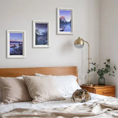 Juego de 3 cuadros decorativos paisajes de montaña al atardecer con vistas al agua