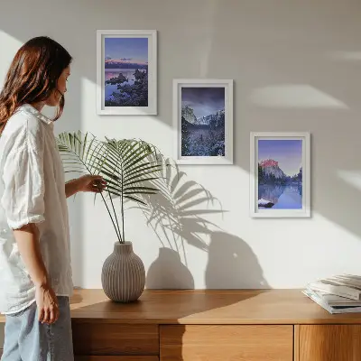 Juego de 3 cuadros decorativos paisajes de montaña al atardecer con vistas al agua