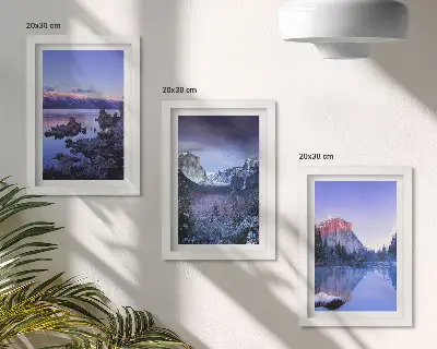 Juego de 3 cuadros decorativos paisajes de montaña al atardecer con vistas al agua