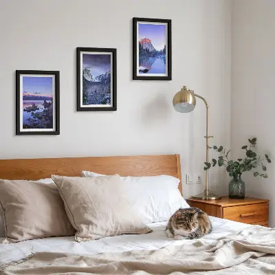 Juego de 3 cuadros decorativos paisajes de montaña al atardecer con vistas al agua