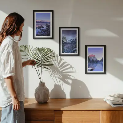 Juego de 3 cuadros decorativos paisajes de montaña al atardecer con vistas al agua