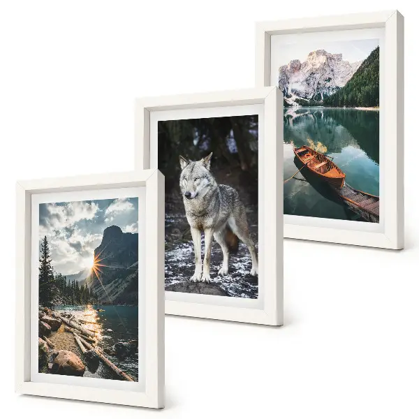 Juego de 3 cuadros decorativos con diseño de montañas, lagos y un lobo en un entorno natural