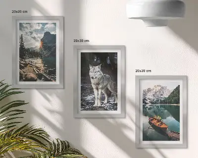 Juego de 3 cuadros decorativos con diseño de montañas, lagos y un lobo en un entorno natural