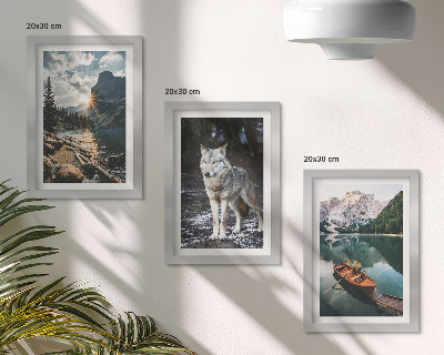 Juego de 3 cuadros decorativos Montañas, lagos y un lobo en un entorno natural.