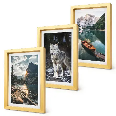 Juego de 3 cuadros decorativos con diseño de montañas, lagos y un lobo en un entorno natural