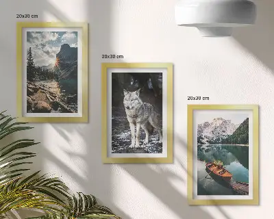Juego de 3 cuadros decorativos con diseño de montañas, lagos y un lobo en un entorno natural