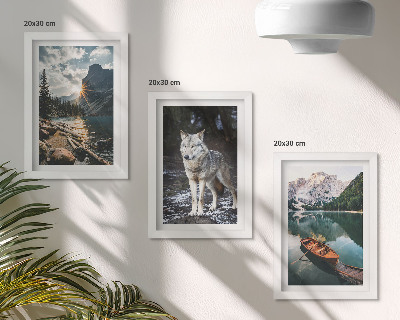 Juego de 3 cuadros decorativos Montañas, lagos y un lobo en un entorno natural.