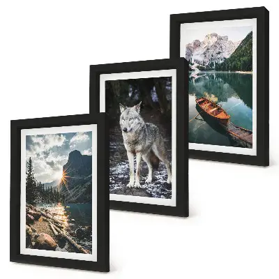 Juego de 3 cuadros decorativos con diseño de montañas, lagos y un lobo en un entorno natural