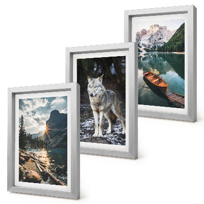 Juego de 3 cuadros decorativos Montañas, lagos y un lobo en un entorno natural.