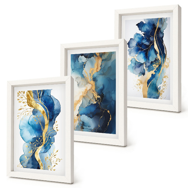 Tríptico enmarcado Diseños abstractos azules con delicados detalles.