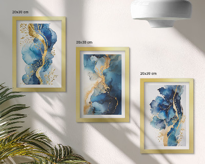 Tríptico enmarcado Diseños abstractos azules con delicados detalles.