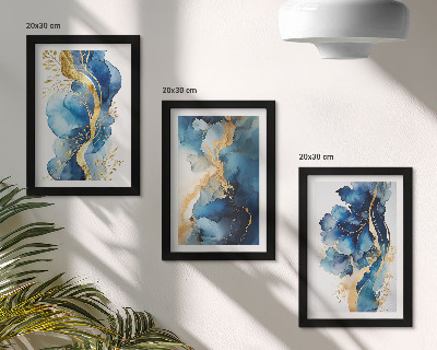 Tríptico enmarcado Diseños abstractos azules con delicados detalles.