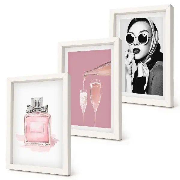 Juego de 3 cuadros decorativos con diseño de elegantes accesorios femeninos en tonos rosas