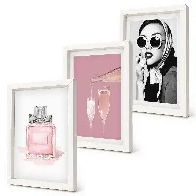 Juego de 3 cuadros decorativos con diseño de elegantes accesorios femeninos en tonos rosas