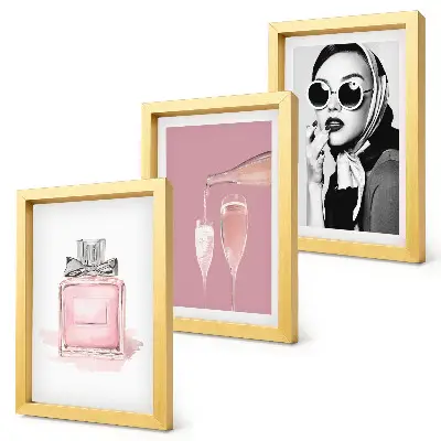 Juego de 3 cuadros decorativos con diseño de elegantes accesorios femeninos en tonos rosas