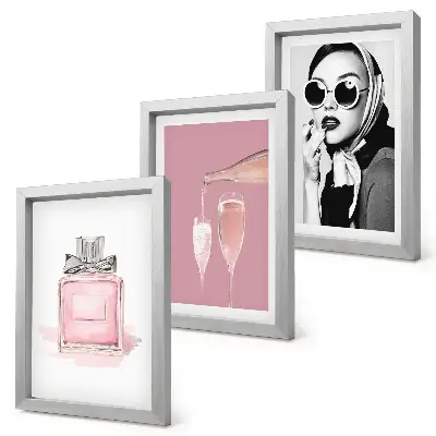 Juego de 3 cuadros decorativos con diseño de elegantes accesorios femeninos en tonos rosas