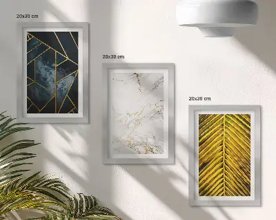 Tríptico enmarcado con diseños geométricos modernos y motivos vegetales naturales