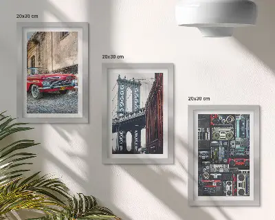 Juego de 3 cuadros decorativos con diseño de coche antiguo cerca del puente de Brooklyn y equipo de audio retro