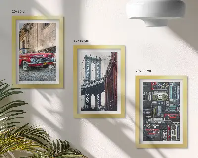 Juego de 3 cuadros decorativos con diseño de coche antiguo cerca del puente de Brooklyn y equipo de audio retro