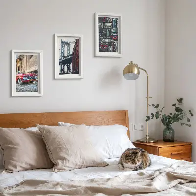 Juego de 3 cuadros decorativos con diseño de coche antiguo cerca del puente de Brooklyn y equipo de audio retro