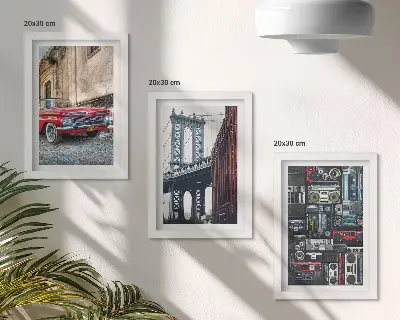 Juego de 3 cuadros decorativos con diseño de coche antiguo cerca del puente de Brooklyn y equipo de audio retro