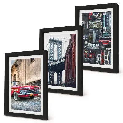 Juego de 3 cuadros decorativos con diseño de coche antiguo cerca del puente de Brooklyn y equipo de audio retro