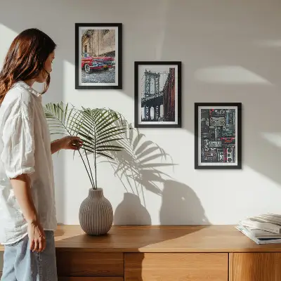 Juego de 3 cuadros decorativos con diseño de coche antiguo cerca del puente de Brooklyn y equipo de audio retro