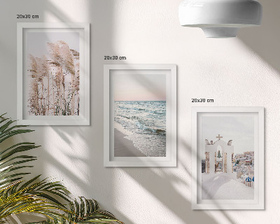 Tríptico enmarcado Plantas costeras, olas del mar, vista de casas blancas