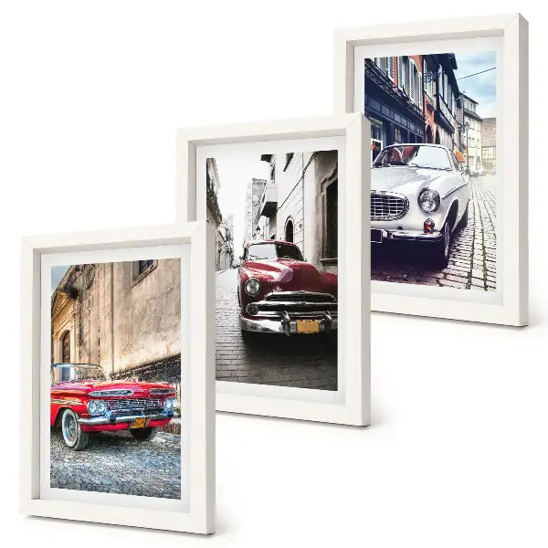 Juego de 3 cuadros decorativos con diseño de autos clásicos en calles de la ciudad en diferentes colores