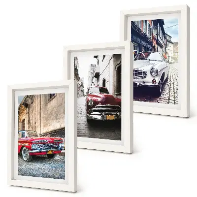 Juego de 3 cuadros decorativos con diseño de autos clásicos en calles de la ciudad en diferentes colores