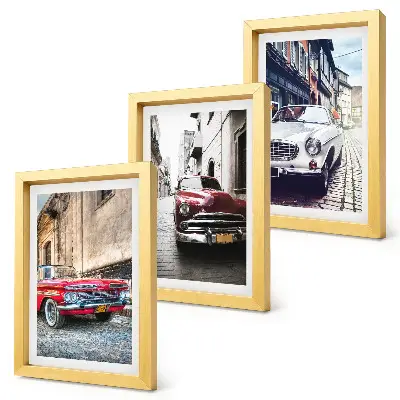 Juego de 3 cuadros decorativos con diseño de autos clásicos en calles de la ciudad en diferentes colores