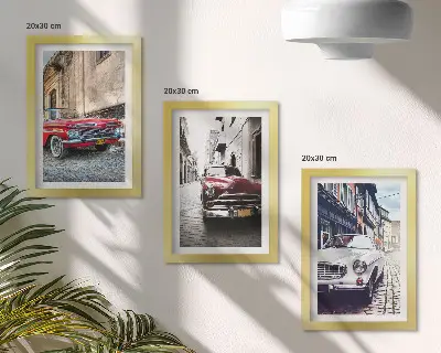 Juego de 3 cuadros decorativos con diseño de autos clásicos en calles de la ciudad en diferentes colores