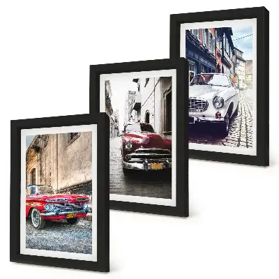 Juego de 3 cuadros decorativos con diseño de autos clásicos en calles de la ciudad en diferentes colores