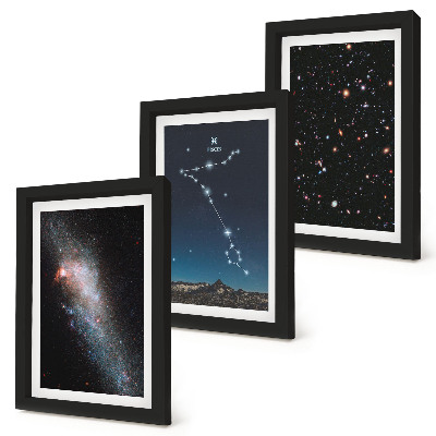 Juego de 3 cuadros decorativos Paisajes espaciales con la constelación de Piscis y galaxias.