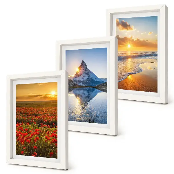 Juego de 3 cuadros decorativos con paisajes de montaña y costeros al atardecer