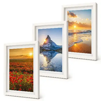 Juego de 3 cuadros decorativos con paisajes de montaña y costeros al atardecer