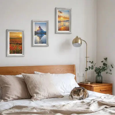Juego de 3 cuadros decorativos con paisajes de montaña y costeros al atardecer