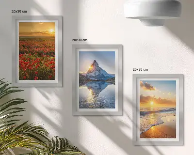 Juego de 3 cuadros decorativos con paisajes de montaña y costeros al atardecer