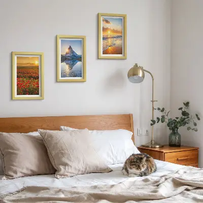Juego de 3 cuadros decorativos con paisajes de montaña y costeros al atardecer