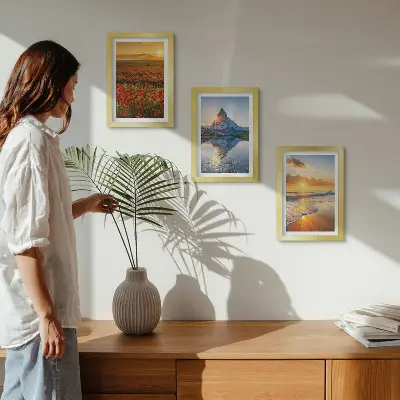 Juego de 3 cuadros decorativos con paisajes de montaña y costeros al atardecer