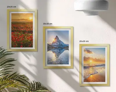 Juego de 3 cuadros decorativos con paisajes de montaña y costeros al atardecer