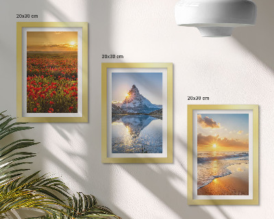 Juego de 3 cuadros decorativos Paisajes de montaña y costeros con puestas de sol.