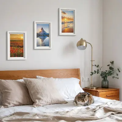 Juego de 3 cuadros decorativos con paisajes de montaña y costeros al atardecer