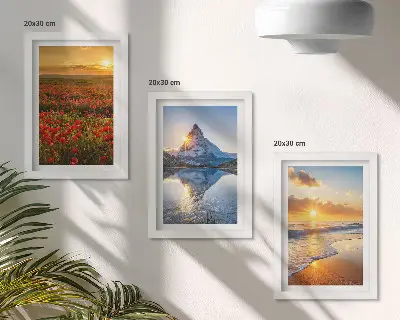 Juego de 3 cuadros decorativos con paisajes de montaña y costeros al atardecer