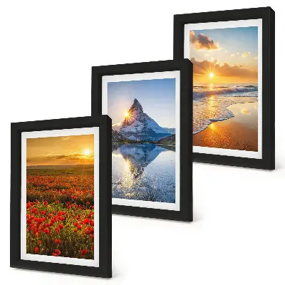 Juego de 3 cuadros decorativos con paisajes de montaña y costeros al atardecer