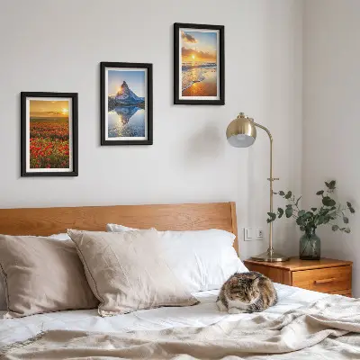 Juego de 3 cuadros decorativos con paisajes de montaña y costeros al atardecer